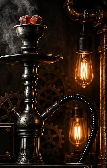 A hookah with glowing coals under warm light